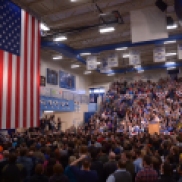Thousands gather in a high school in Idaho Falls to hear a speech by presidential hopeful Bernie Sanders